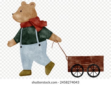 Teddy Bear is pulling a wood cart, Watercolour Brown Bear pulling trolley,Vector digital painting cute cartoon element for Winter,Christmas Card,New Year 2025