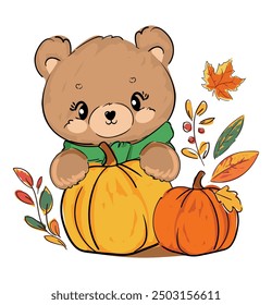 Oso de peluche y Ilustración vectorial de otoño de calabaza, impresión linda dibujada a mano para el bebé, diseño de la impresión de los niños