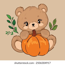 Oso de peluche y Ilustración vectorial de otoño de calabaza, impresión linda dibujada a mano para el bebé, diseño de la impresión de los niños