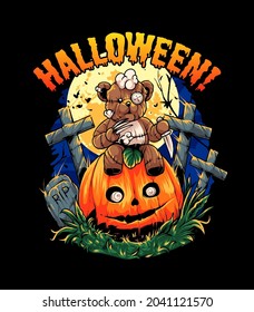 teddy bear and pumpkin Illustration. Perfect for T-shirt Product