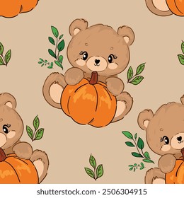 Teddy Bear and Pumpkin pattern seamless autumn vector, Hand Drawn Cute Print for baby, kids print design