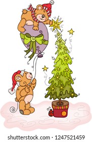 Teddy bear putting star on Christmas tree
