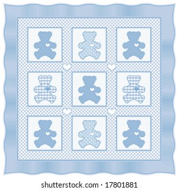 Teddy Bear Quilt. Old fashioned applique and patchwork baby nursery blanket, baby bears with big hearts design pattern in pastel blue gingham, polka dots, satin ribbon edging. Isolated on white.