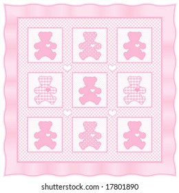 Teddy Bear Quilt. Old fashioned applique and patchwork baby nursery blanket, Teddy Bears with big hearts in pastel pink gingham and polka dots with satin ribbon edging. Isolated on white.