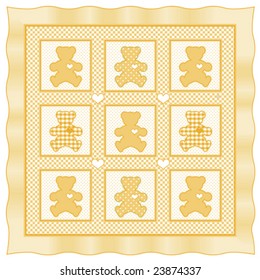 Teddy Bear Quilt. Old Fashioned Applique And Patchwork Baby Blanket, Little Bears With Big Hearts Design Pattern In Pastel Yellow Gingham, Polka Dots, Satin Ribbon Edging. Isolated On White. 