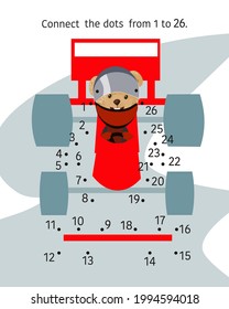Teddy bear in racing car. Activity page for kids. Educational game. Connect dots from 1 to 26.