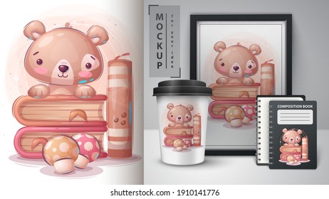 Teddy bear read book poster and merchandising. Vector eps 10