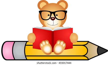 Teddy bear reading book sitting on pencil