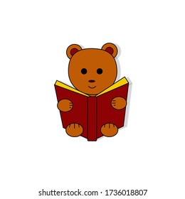 Oso de peluche leyendo un libro. Ilustración vectorial plana del oso de peluche kawaii que lee un libro sobre fondo blanco aislado.