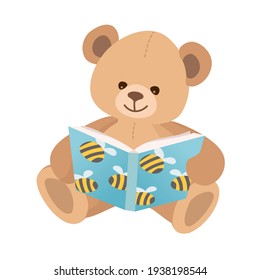 Teddy bear reads book. Cute toy bear learns book about bees. Vector
