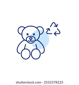 Teddy bear and recycling arrows. Sustainable toys and baby care products, use of recycled materials, eco-conscious parenting. Pixel perfect, editable stroke icon