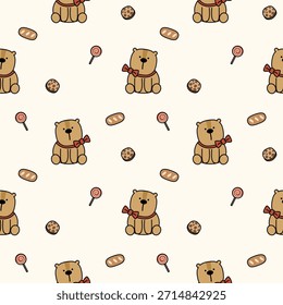 Teddybär und rote Schleife Cartoon so süß. Auf Lollipop Brotkeksrücken. Muster nahtlose Vektorgrafik. 