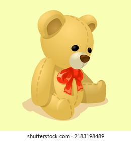 Teddy bear with a red bow. Isolated on yellow background. Isometric. Vector illustration