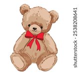 teddy bear and red bow vector hand drawn illustration cute print design for kids 