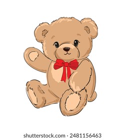 Teddybär und Red Bow Vektorgrafik Handgezeichnete Illustration Nettes Druckdesign für Kinder 