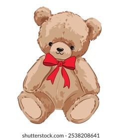 teddy bear and red bow vector hand drawn illustration cute print design for kids 