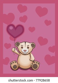 Teddy bear and red heart balloon. Card with text area. All objects are grouped and layered.
