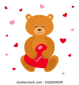 Teddy bear with red heart. Greeting card. Valentines Day. Vector illustration.