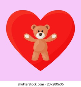 Teddy Bear and  red heart on the background.