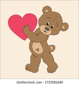 Oso de peluche con un corazón rojo en las patas, dibujado en el vector
