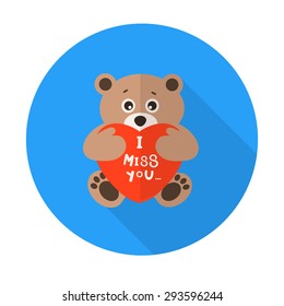 Teddy Bear with Red Heart and Sign 'I miss you' Flat Icon
