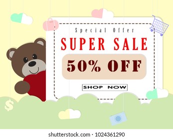 Teddy bear with red heart symbol side view Super Sale poster, banner. Big sale, clearance. 50% off,paper cut Vector illustration eps10.