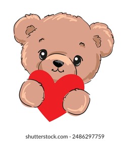 teddy bear and red heart vector hand drawn illustration cute print design for kids