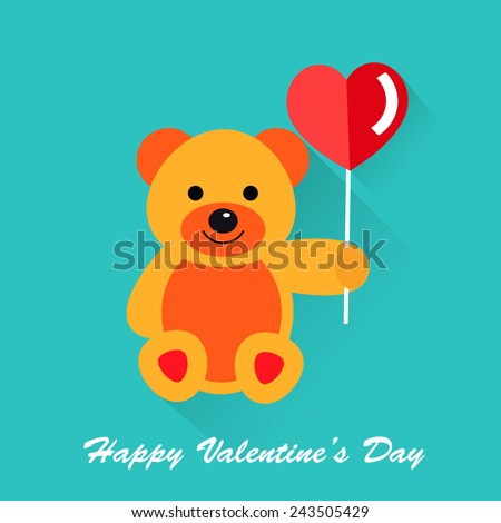 Teddy bear with the red heart, vector illustration. Valentine's day greeting card