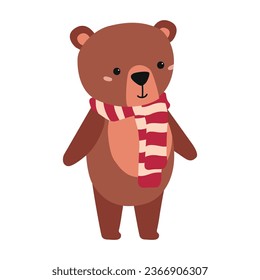 Teddy bear with a red scarf. Isolated on white background. Vector illustration