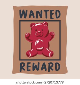 Oso de peluche en rojo con eslogan buscado recompensas 