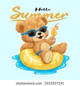 Teddy Bear Relaxando em Floaty com Suco e "Hello Summer" Texto, ilustração vetorial