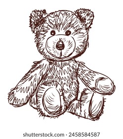 Teddy bear retro plush toy doodle sketch  vector hand drawn illustration isolated on white