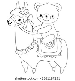 Teddy Bear Riding a Decorated Llama Coloring Page