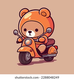 A teddy bear is riding a scooter with a brown background.