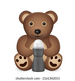 Teddy bear with roll on deodorant on a white background. Vector illustration.