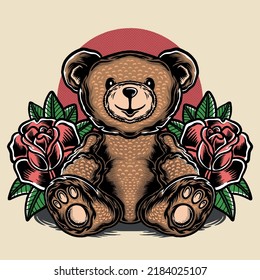 ilustración de fondo de osito de peluche y rosas