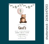 Teddy Bear Sage Green First Birthday Party Invitation
