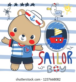 Oso de peluche con traje de marinero en vectores de ilustración a rayas, diseño de camisetas para niños.