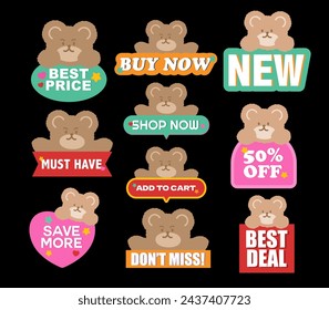 Teddy Bear sale badges including Best Price, Buy Now, Must Have, 50% Off, Add to Cart, Save More, Best Deal for online shopping, marketing, promotion, sticker, banner, button, campaign, discount, ads