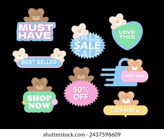 Teddy Bear sale badges including Must Have, Sale, Love This, Best Seller, 50% Off, Shop Now, Click Here for online shopping, marketing, promotion, sticker, banner, button, campaign, discount, ads