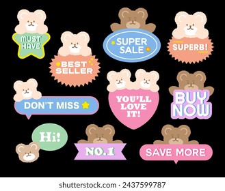 Teddy Bear sale badges including Must Have, Super Sale, Best Seller, Buy Now, Hi, Don't Miss, Save More for online shopping, marketing, promotion, sticker, banner, button, campaign, discount, ad, icon