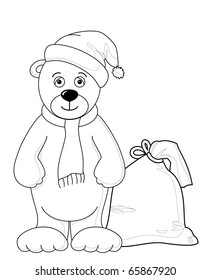 Teddy bear Santa Claus with a bag of Christmas gifts, contours