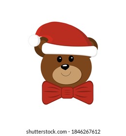 Teddy bear with Santa Claus hat and red butterfly around his neck, color vector illustration, isolated on white background, clipart, design, decoration, banner, logo, greeting card