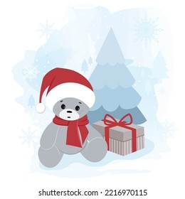 A teddy bear in a Santa Claus hat with a gift near the Christmas tree. Christmas greeting card. Vector