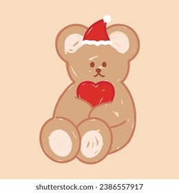 Teddy Bear with Santa hat and red heart doodle for cartoon character, brand logo, animal icon, xmas decoration, winter sticker, tattoo, comic, mascot, print, social media post, print, ads, banner