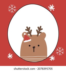 Teddy bear with Santa hat and snowflakes on red frame background vector illustration.