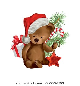 A teddy bear in a Santa hat with a star in his hands. Vector illustration for New Year composition. Greeting cards, Christmas invitations, banners.