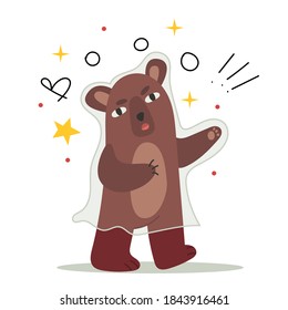 Teddy bear scares everyone in a Halloween ghost costume. Autumn mood. Simple illustration. Illustration for children's book. Cute Poster.