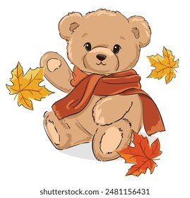 Teddy Bear in a scarf autumn vector illustration, Hand Drawn Cute Print for baby, kids print design