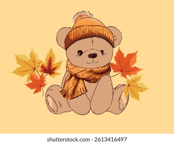 Teddy Bear in a scarf autumn vector illustration, Hand Drawn Cute Print for baby, kids print design